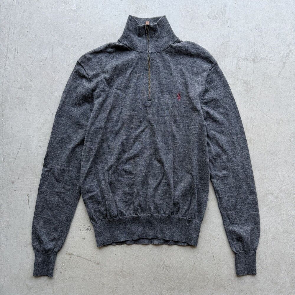 Polo Ralph Lauren Mens M 1/4 Zip Sweater 100% Merino Wool Gray Quarter Preppy